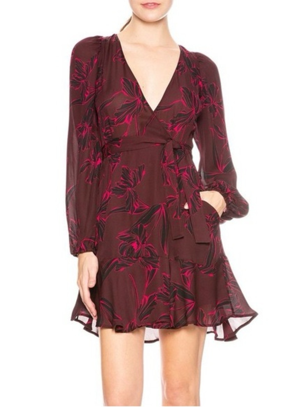 A.L.C. Bordeaux Black Floral Embry Wrap Mini Dress Size 8